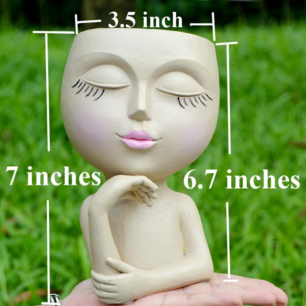 Unique Face Planter Pots – Lady Statue Plant Pot with Drainage, Thinking Woman Design, Boho Vase for Plants, Cute Home Decor Gift