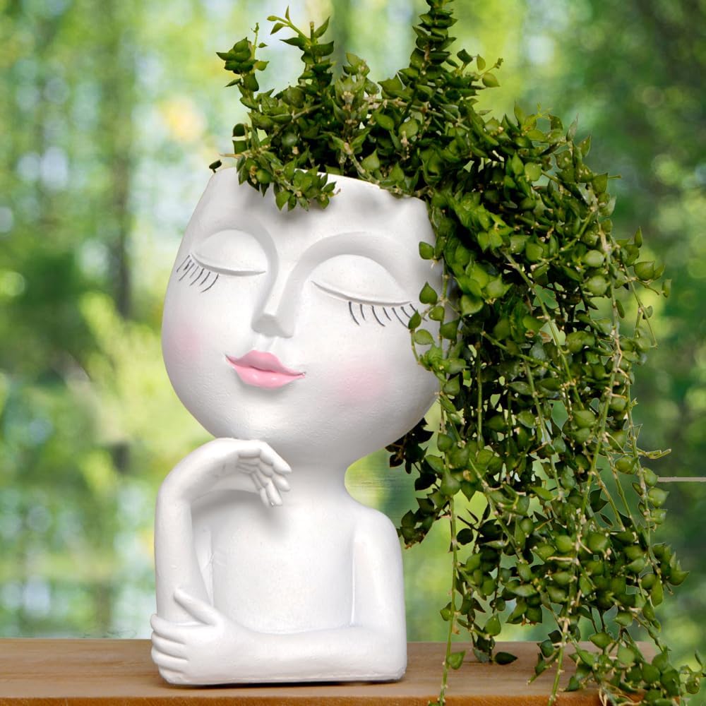 Unique Face Planter Pots – Lady Statue Plant Pot with Drainage, Thinking Woman Design, Boho Vase for Plants, Cute Home Decor Gift