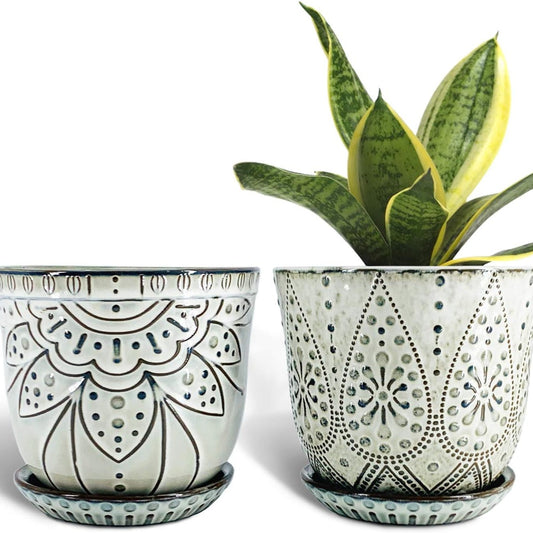 6 Inch Beaded Ceramic Planter Set of 2 with Drainage Hole and Saucer for Plants, Indoor-Outdoor Large Round Succulent Orchid Flower Pot