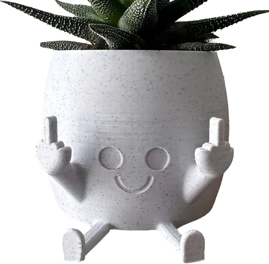 Quirky White Resin Smiling Planter with Middle Fingers – Fun Indoor & Outdoor Pot for Succulents and Small Plants, Perfect Gift for Plant Lovers"