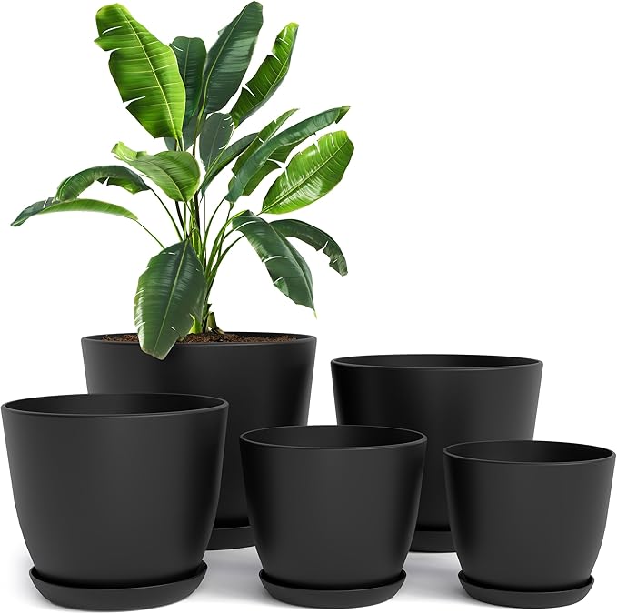 Plastic Terracotta Pots with Drainage - 7/6.6/6/5.3/4.8 Inches Plant Pots or Flower Pots for Indoor Planter - Pack of 5 Plastic Planters, Cactus, Succulents Pot