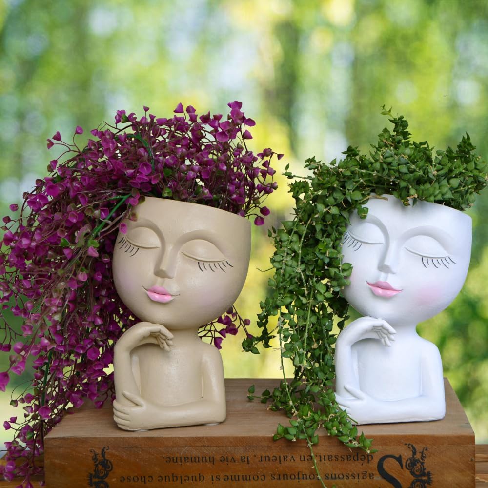 Unique Face Planter Pots – Lady Statue Plant Pot with Drainage, Thinking Woman Design, Boho Vase for Plants, Cute Home Decor Gift