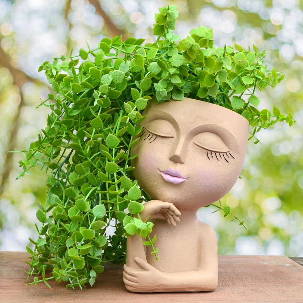 Unique Face Planter Pots – Lady Statue Plant Pot with Drainage, Thinking Woman Design, Boho Vase for Plants, Cute Home Decor Gift