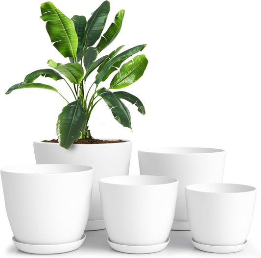 Plastic Terracotta Pots with Drainage - 7/6.6/6/5.3/4.8 Inches Plant Pots or Flower Pots for Indoor Planter - Pack of 5 Plastic Planters, Cactus, Succulents Pot