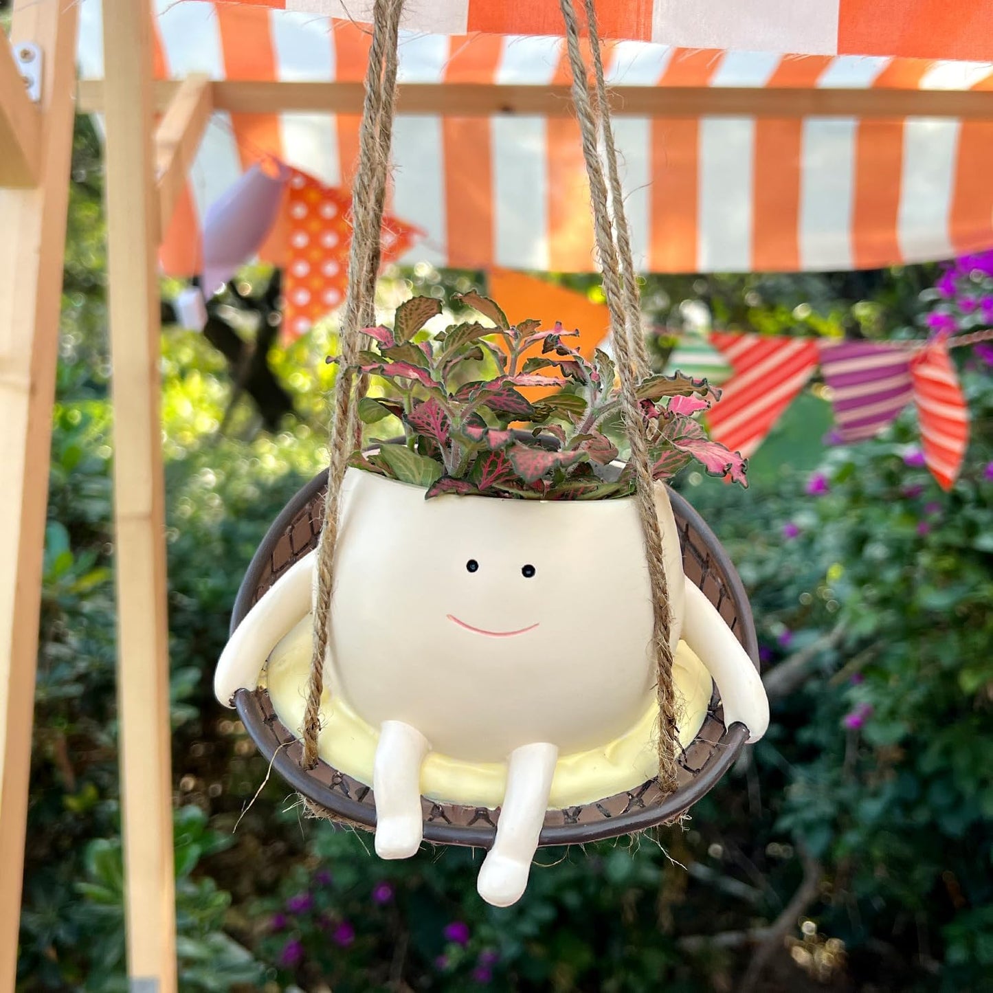 Hanging Swing Chair Planter Pot Resin Smiley Face Planter for Indoor Outdoor Plant Cute Head Flower Pots