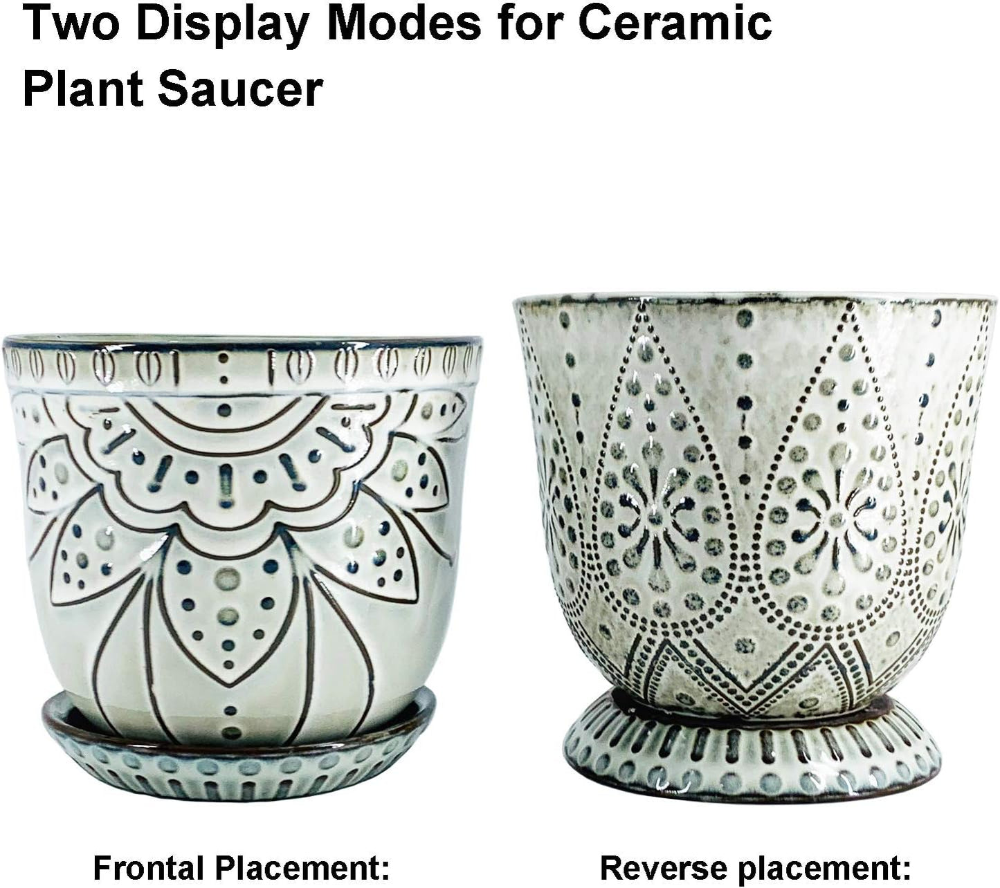 6 Inch Beaded Ceramic Planter Set of 2 with Drainage Hole and Saucer for Plants, Indoor-Outdoor Large Round Succulent Orchid Flower Pot