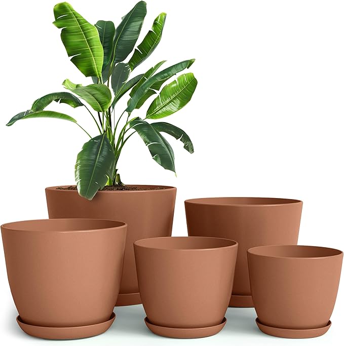 Plastic Terracotta Pots with Drainage - 7/6.6/6/5.3/4.8 Inches Plant Pots or Flower Pots for Indoor Planter - Pack of 5 Plastic Planters, Cactus, Succulents Pot