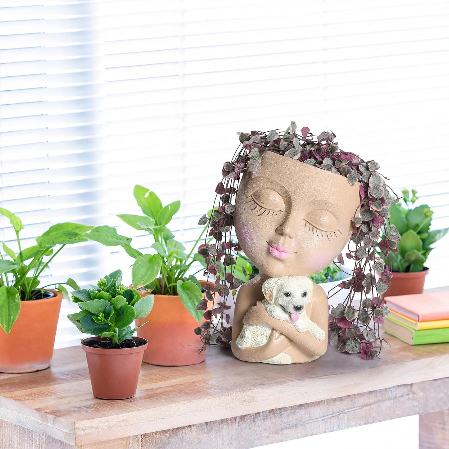 Charming Face Planter Pots – Indoor & Outdoor Head Planters with Dog, Succulent Planters with Drainage – Cute Lady Face Flower Pots