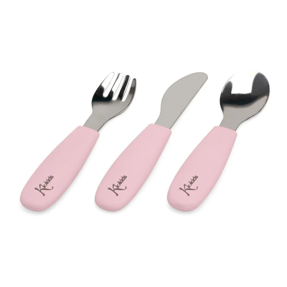 3 Talheres Inox com Pega em Silicone KioKids Rosa