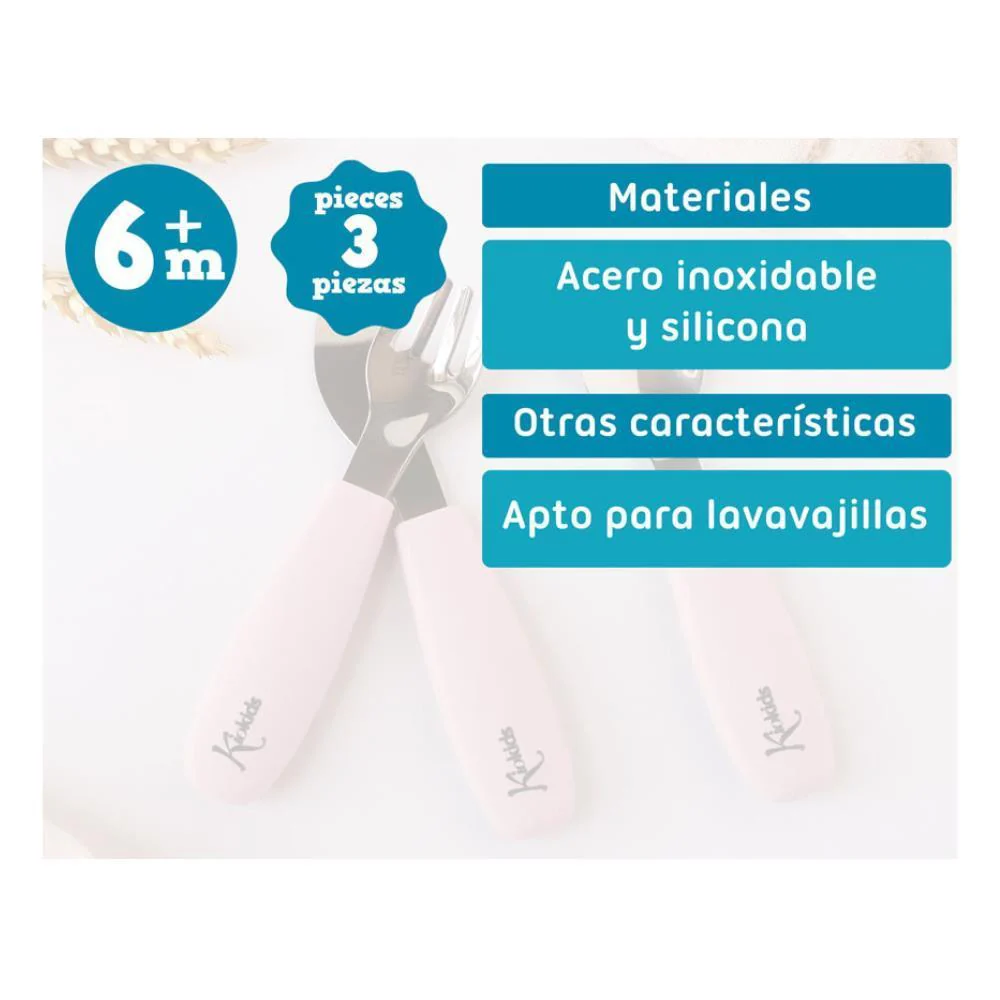 3 Talheres Inox com Pega em Silicone KioKids Rosa - Image 3