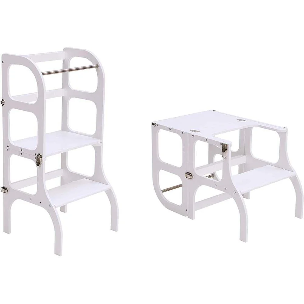 Torre de Aprendizagem e Mesa 2em1 Ette Tete Step´n´Sit em Madeira Branca com Prata
