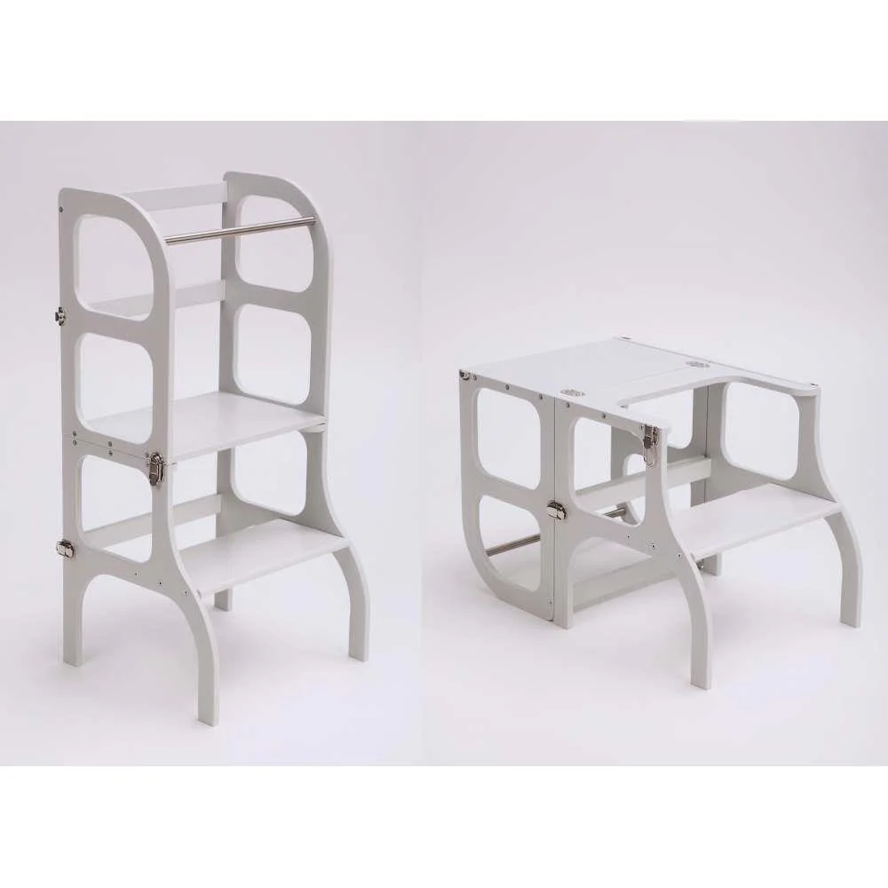Torre de Aprendizagem e Mesa 2em1 Ette Tete Step´n´Sit em Madeira Cinza com Prata