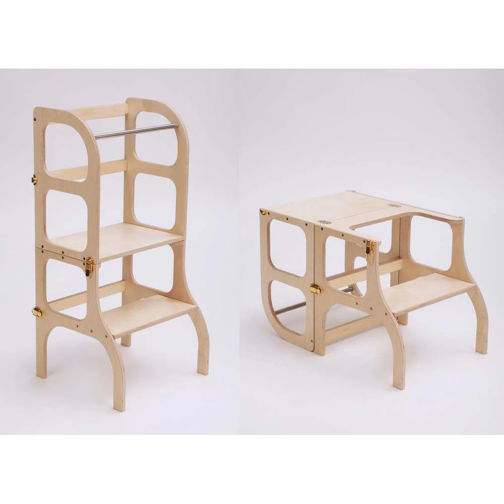 Torre de Aprendizagem e Mesa 2em1 Ette Tete Step´n´Sit em Madeira com Dourado