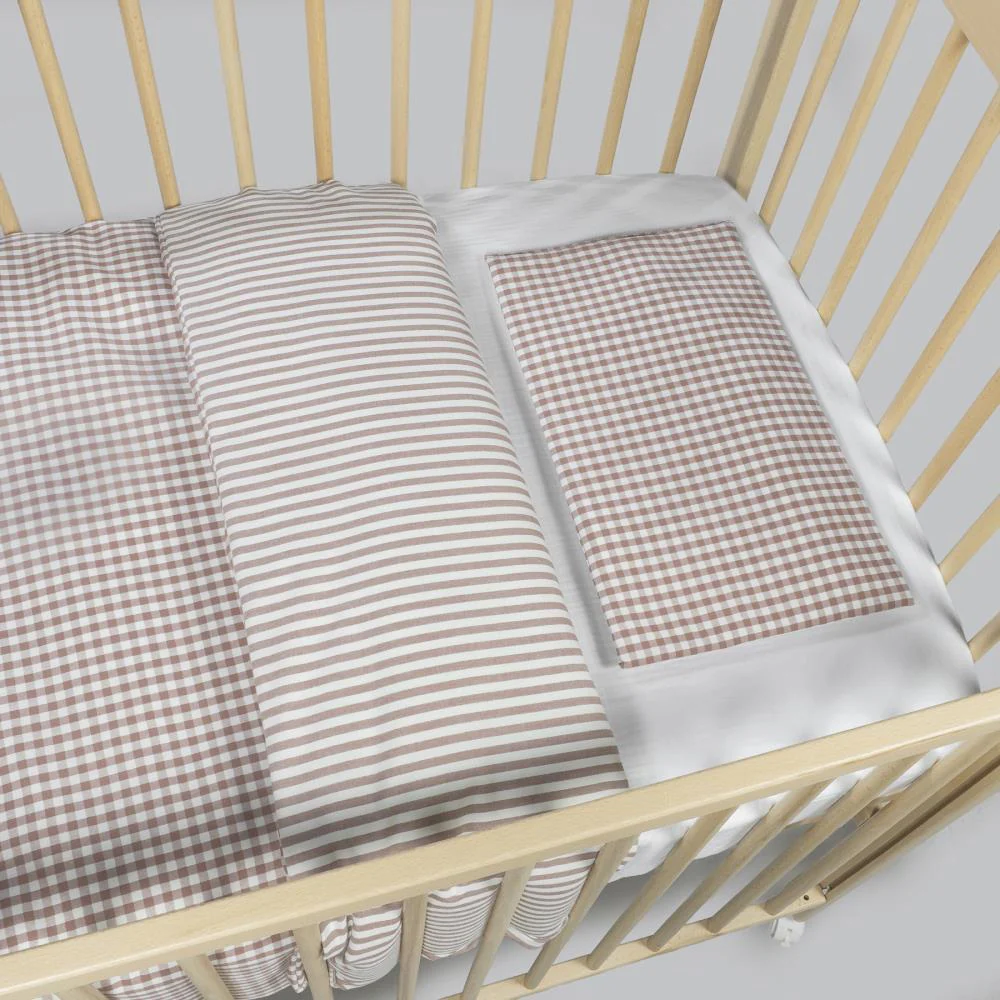 Conjunto de 3 Peças para Berço 120x60cm Walking Mum Vichy/Strips Moka - Image 4