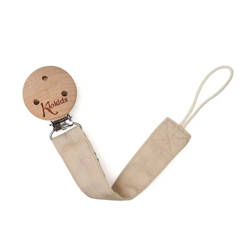 Corrente para Chupeta em Tecido com Clip em Madeira Kiokids Bege