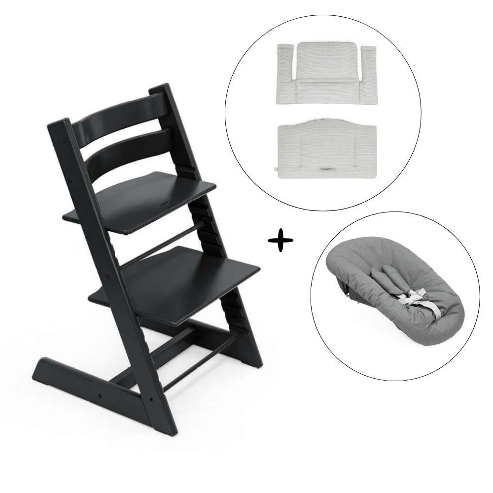 Pack Cadeira da Papa Stokke Tripp Trapp em Madeira Black + Newborn Set Anthracite + Almofada Clássica Nordic Grey