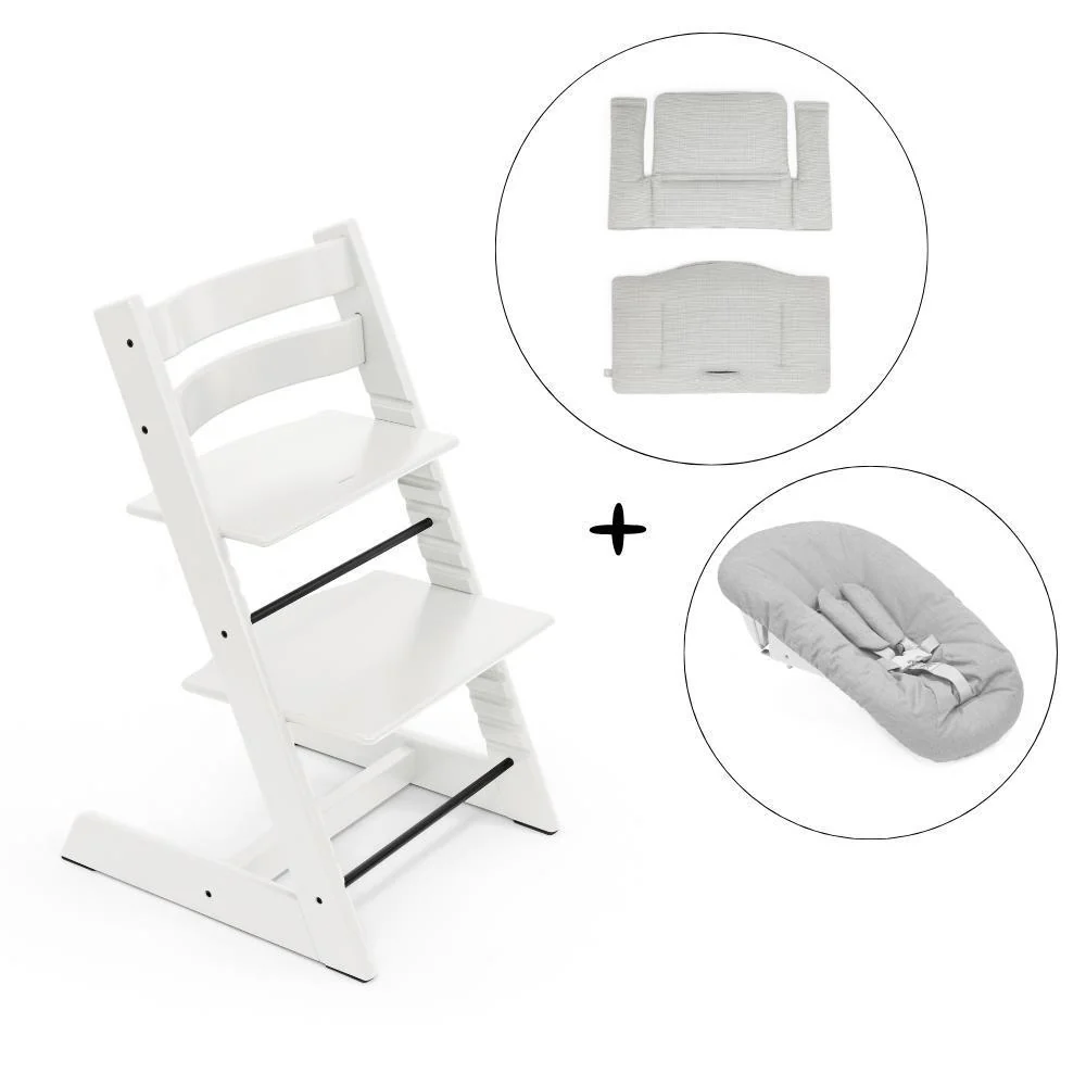 Pack Cadeira da Papa Stokke Tripp Trapp em Madeira White + Newborn Set Grey + Almofada Clássica Nordic Grey