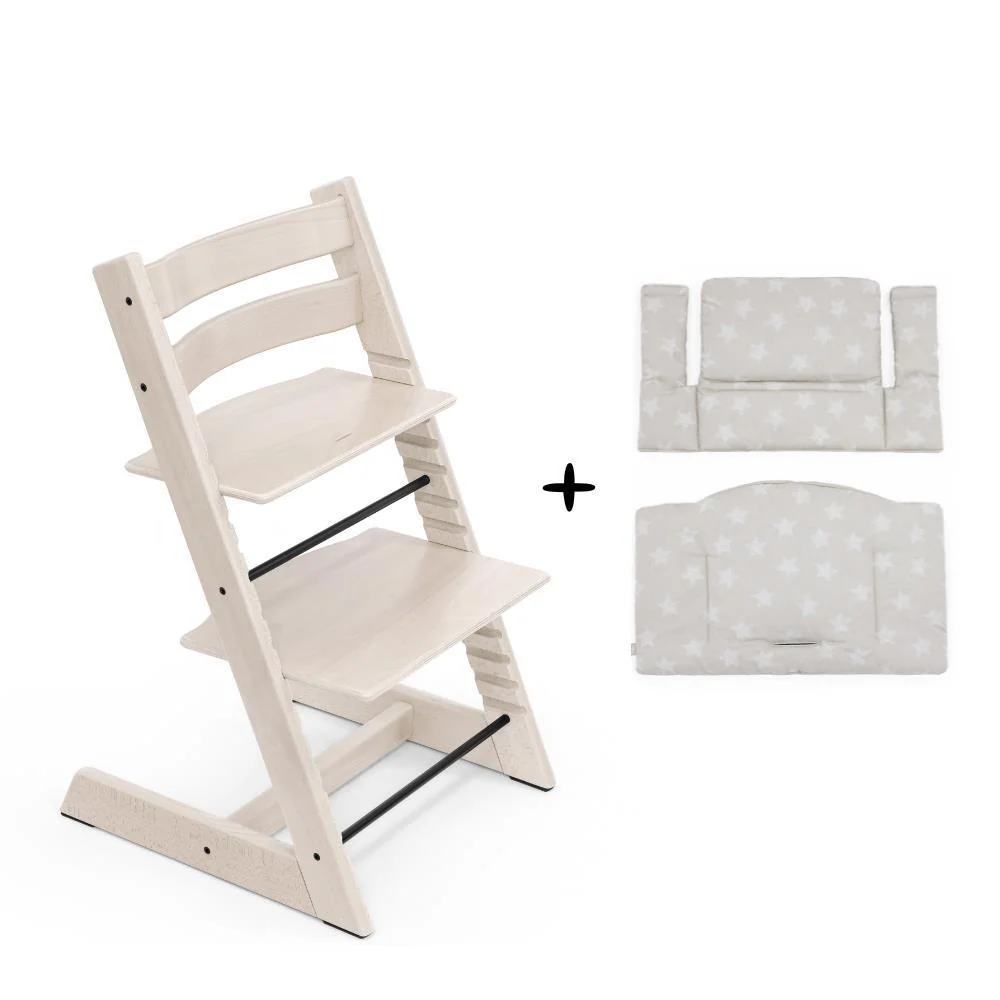 Pack Cadeira da Papa Stokke Tripp Trapp em Madeira Whitewash + Almofada Clássica Star Silver