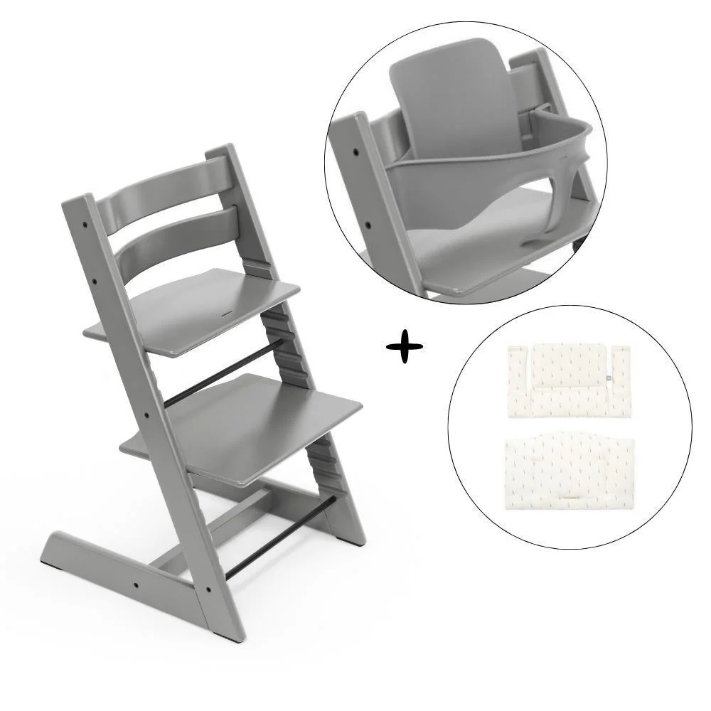 Pack Cadeira da Papa Stokke Tripp Trapp em Madeira + Baby Set² Storm Grey  + Almofada Clássica Wheat Cream